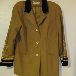 camel colored wool blazer and black velvet jeans